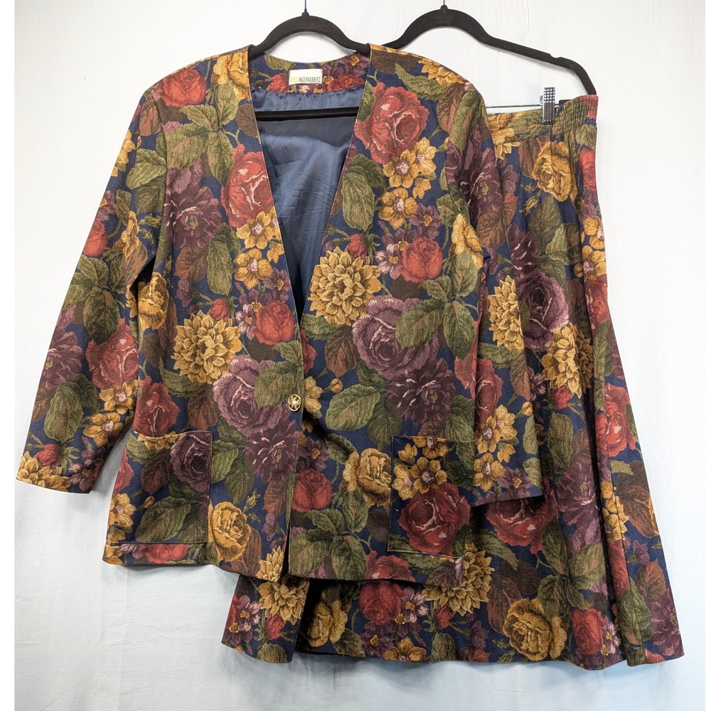 Inseparables‎ Women's Blazer & Skirt Floral Print Suit Set Navy Blue Roses 14-16